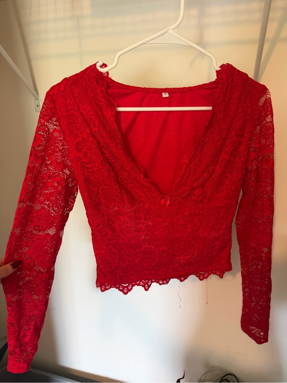Red Lace V-Neck Long Sleeve Crop Top - SHEIN